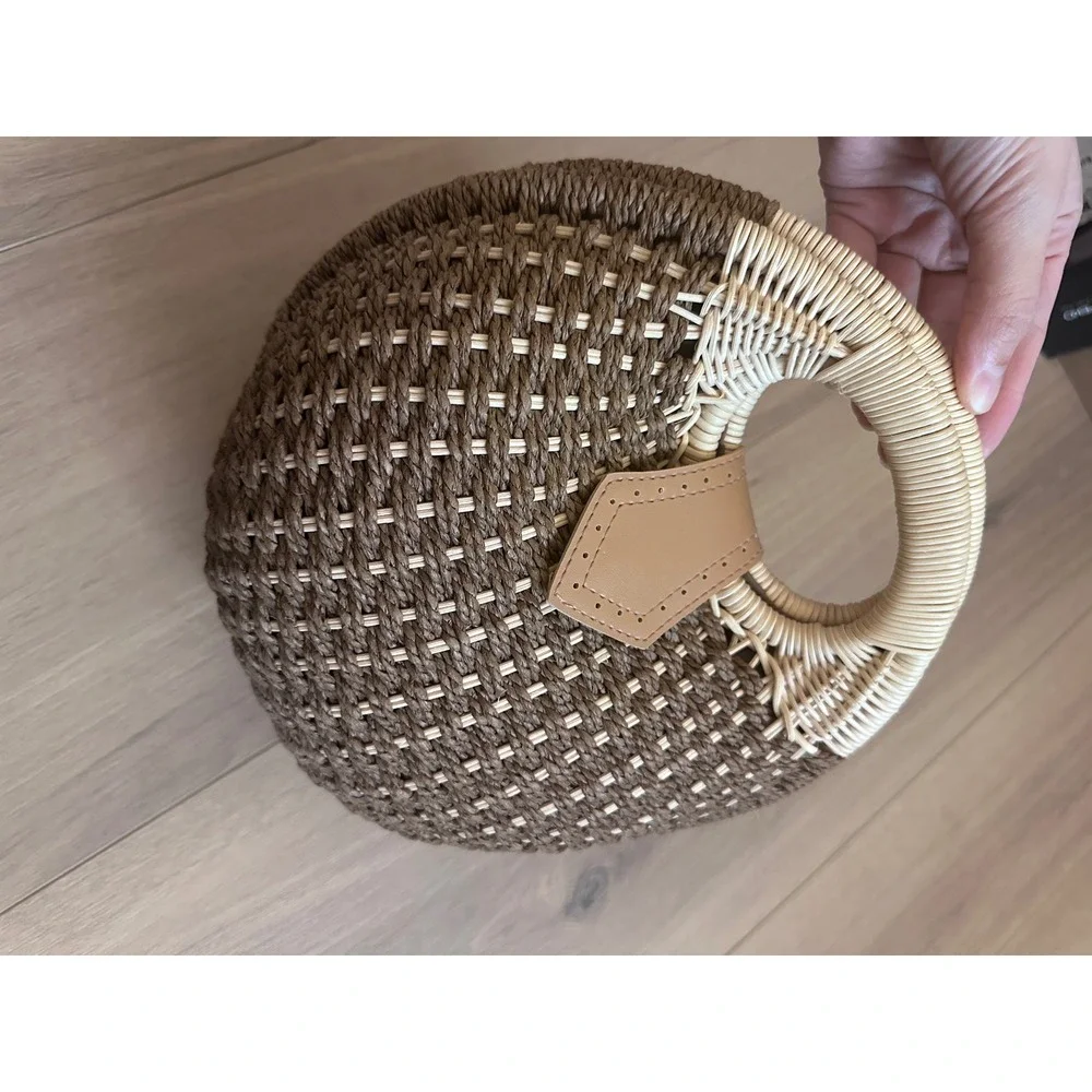 Woven Round Straw Handbag Brown Cream Rattan Ring Handle Boho Summer Circle Bag - Picture 6 of 6